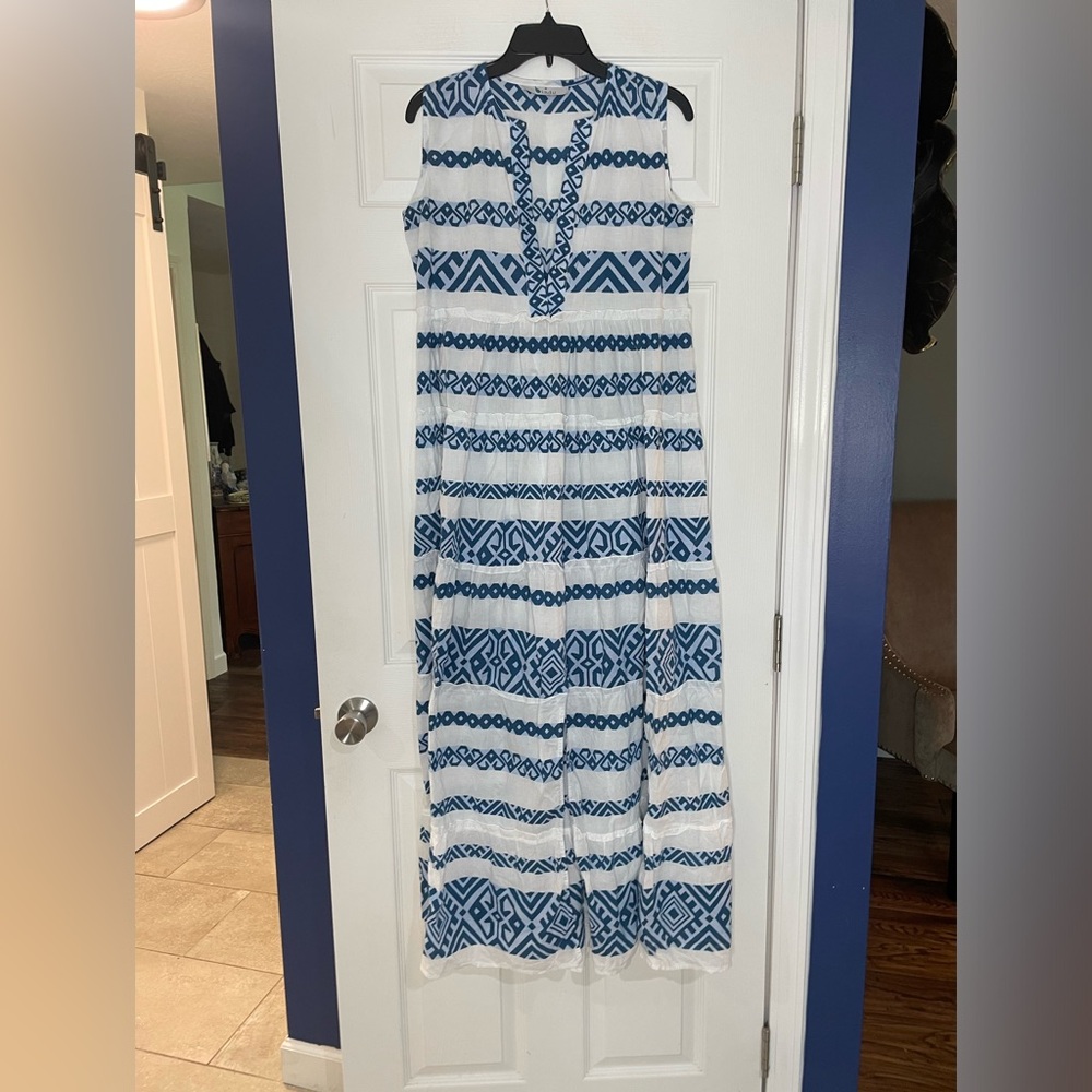 BINDU Blue White Striped A-Line Maxi Dress Bohemian Sleeveless Resort - Medium - Picture 2 of 4